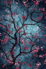 Watercolor painting of tree branches with red leaves on a blue background