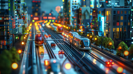 都市の交通網の3Dイラストレーション。電車 - obrazy, fototapety, plakaty