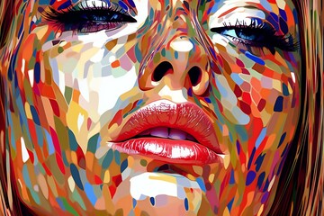 Abstract portrait of a beautiful woman with red lips and multicolored background