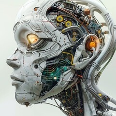 Fototapeta premium Robot head, machine inside the head, side face