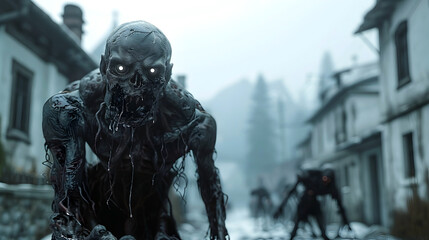 Fototapeta premium Creepy Undead Creatures Stalking Through Abandoned Town in Cinematic 3D Rendering