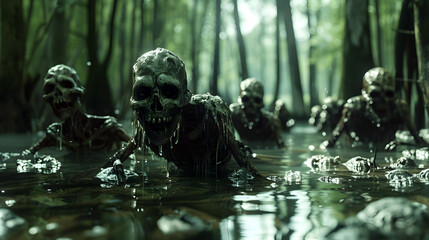 Creepy Undead Creatures Stalking Through Murky Swamp Shrouded in Eerie Cinematic Atmosphere - obrazy, fototapety, plakaty