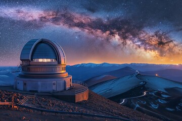 Observatory Under the Milky Way Galaxy at Twilight