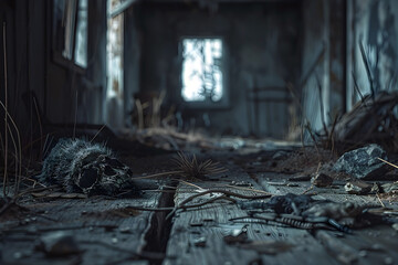 Decaying Corpses of Critters Litter the Abandoned Farmhouse,a Grim Reminder of the Horrors Within - obrazy, fototapety, plakaty