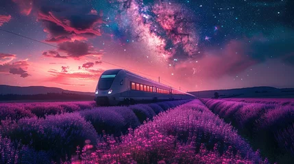 Gartenposter A train moving on the railway, a purple lavender flower sea in front of it, a starry sky background, aurora pink and blue clouds. Generative AI. © visoot