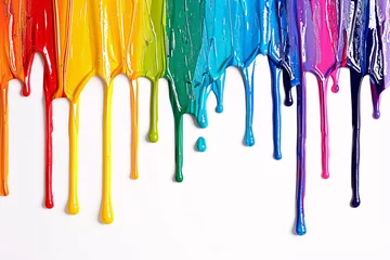 Poster Thick colorful acrylic or oil paint colors dripping from white wall © Firn