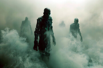 Decaying Zombies Shambling Through Shrouded Fog in Cinematic Dystopian Landscape - obrazy, fototapety, plakaty