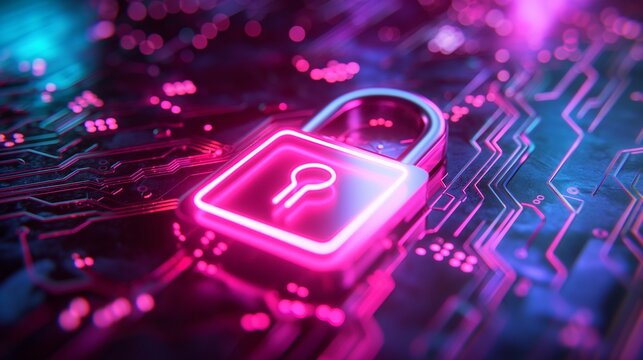Cybersecurity Concept with Glowing Padlock on Circuit