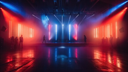 Front view of a stage with a black LED screen in the middle, above are white, red a blue lights....