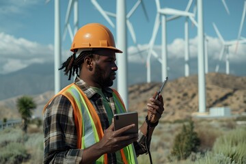 Engineer with tablet inspecting wind turbines. Sustainable energy professional at work. Environmentally friendly power generation. Outdoor industrial scene. Generative AI