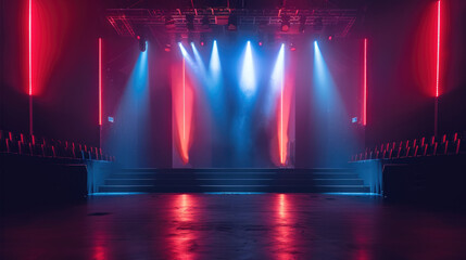 Front view of a stage with a black LED screen in the middle, above are white, red a blue lights....