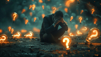 A poignant scene depicting a person in deep thought, surrounded by a swirling storm of glowing question marks, symbolizing a moment of uncertainty and contemplation