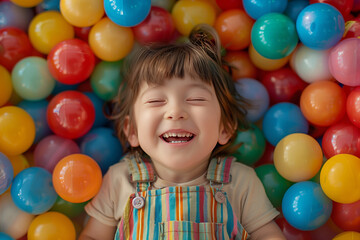 Fototapeta na wymiar An adorable child surrounded by colorful balls, captured in a moment of pure laughter and joy
