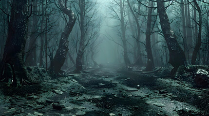 Eerie Corpses of Critters Line the Haunted Forest Path,A Grim Warning to Trespassers - obrazy, fototapety, plakaty