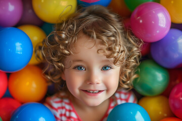 Fototapeta na wymiar Close-up of a joyful child surrounded by multicolor ball.