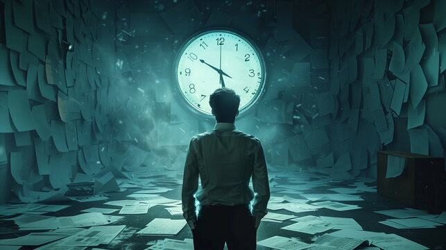 A striking visual metaphor for stress and time management, with a person standing before giant clock