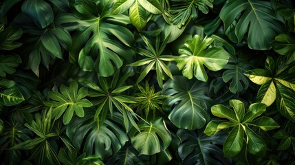 From above, the ground is covered with tropical green leaves. Generative AI.