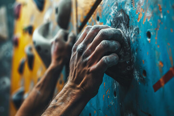 Hand with chalk grabbing grip on artificial rock wall - obrazy, fototapety, plakaty