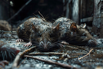 Fototapeta premium Eerie Remains of Critters Litter Abandoned Farmhouse,Haunting Reminder of Horrors Within