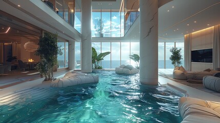 Massive living room in a penthouse with indoor pool, modern architecture. Generative AI. - obrazy, fototapety, plakaty