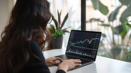 businesswoman use laptop on with stock market chart. generative ai