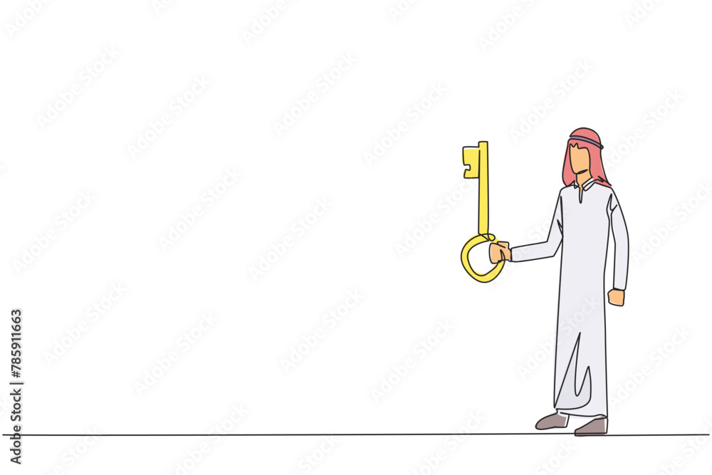 Poster continuous one line drawing arabian businessman holding key. important key to increasing profits has
