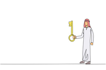 Continuous one line drawing Arabian businessman holding key. Important key to increasing profits has been secured. Ready to become important inheritance. Single line draw design vector illustration