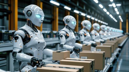 robots work places boxes on pallets in smart factories. generative ai
