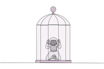 Single one line drawing astronaut trapped in the cage kneeling holding iron bars. Framed by business partner. Have to bear all the consequences. Unfair. Continuous line design graphic illustration