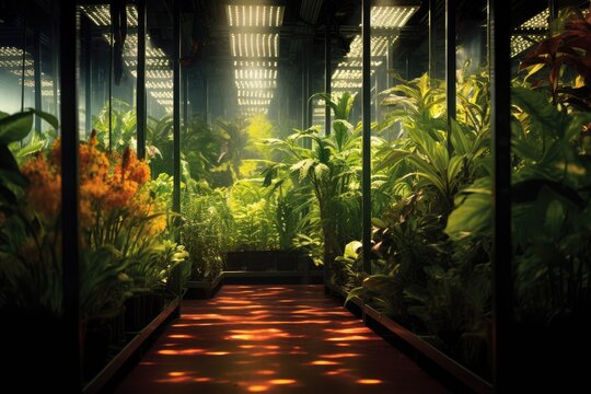 Artificial Light: Rows of plants bathed in artificial light to simulate sunlight.
