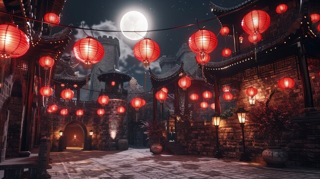 A row of red Chinese hanging lanterns swaying gently, their soft light illuminating the area and adding an authentic touch of Chinese culture to the scene.