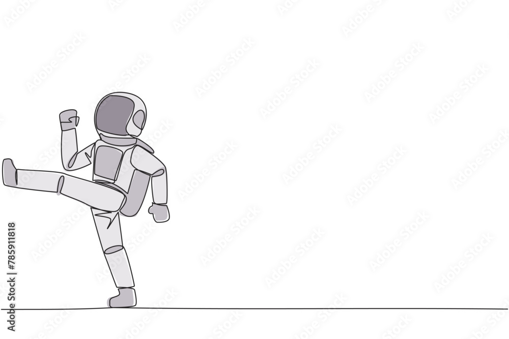 Aufkleber single continuous line drawing astronaut doing kicking motion. stretch before office hours start. a 