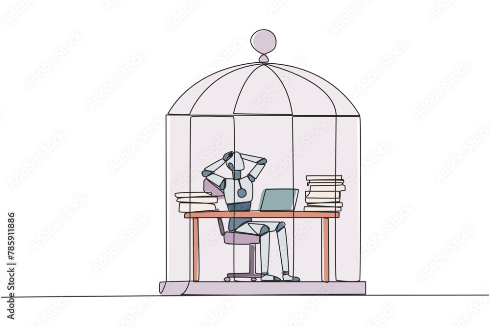 Poster single continuous line drawing robot trapped in cage sitting on office chair holding head. being in 
