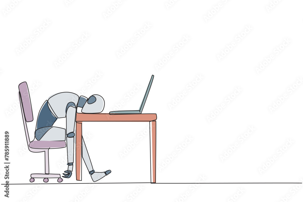 Aufkleber single one line drawing robot fell asleep in front of laptop computer. fatigue running business. men