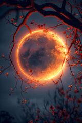 Ethereal Celestial Embrace:A Serene Lunar Eclipse Cradled by Nightfall's Gentle Guardianship - obrazy, fototapety, plakaty