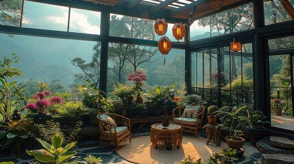 Beautifully tea house with plants and amazing view. Generative AI.