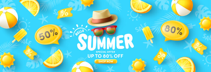 Colorful Summer Sale banner template with Hat,Sunglasses,Beach Ball and beach summer Item in color yellow on blue background.Promotion and shopping template for Summer season.