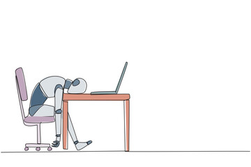 Fototapeta premium Single one line drawing robot fell asleep in front of laptop computer. Fatigue running business. Mental health problem. Exhausted and bored. AI technology. Continuous line design graphic illustration