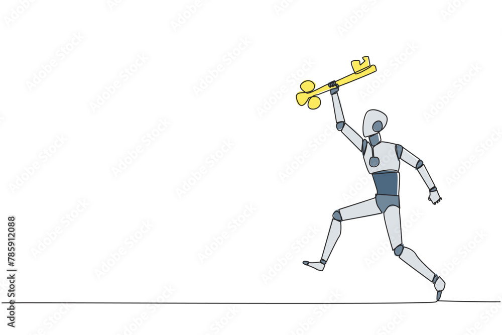 Poster single one line drawing smart robotic running holding key. doing celebrate. perform movements like a