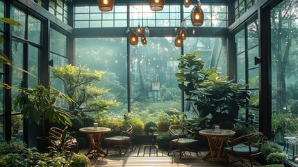 Beautifully tea house with plants and amazing view. Generative AI. - obrazy, fototapety, plakaty