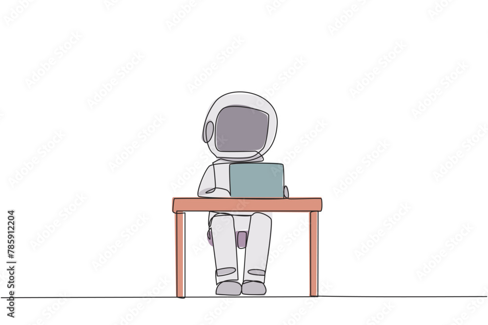 Poster single continuous line drawing astronaut sitting and typing on laptop computer. prepare important da