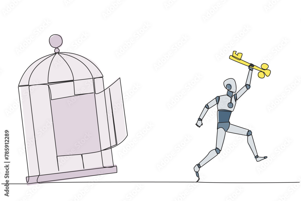 Poster single continuous line drawing smart robot running out of the cage holding the key. concept of freed