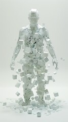  Sculpture  of a humanoid figure composed entirely of cubes in various sizes. The figure should appear as if constructed from these geometric shapes,