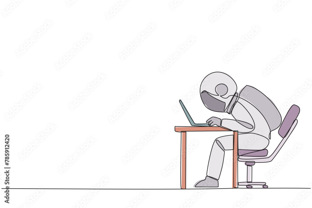 Poster single one line drawing astronaut sitting and typing on laptop computer. work hard to achieve maximu