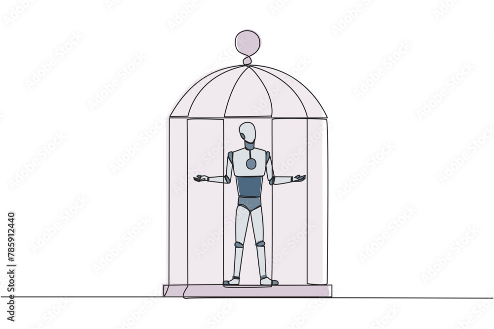 Poster single one line drawing robot trapped in cage standing with open arms. surrender to the situation. f