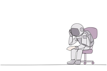 Continuous one line drawing sad astronaut sit limply in a chair. Pensively holding a piece of bill paper. The large of receivables, business will collapse. Single line draw design vector illustration