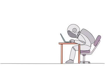 Single one line drawing astronaut sitting and typing on laptop computer. Work hard to achieve maximum expected results. Overtime and work smart. Spaceman. Continuous line design graphic illustration