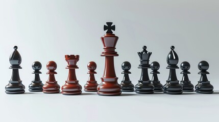 A red chess piece stands out in the middle of black pieces on a white background, in a 3D rendered illustration with space for text or design A conceptual idea about business competition and leadershi