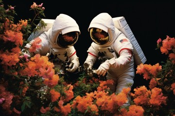 Pollination: Astronauts assisting in the pollination process for flowering plants. - obrazy, fototapety, plakaty