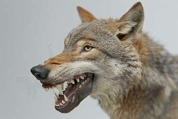 Close up portrait of a wolf with open mouth and sharp teeth